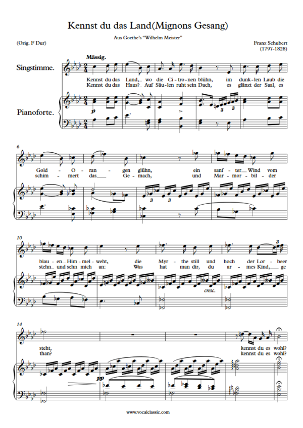 F. Schubert : Kennst du das Land(Mignons Gesang) (Ab key) PDF Sheet music