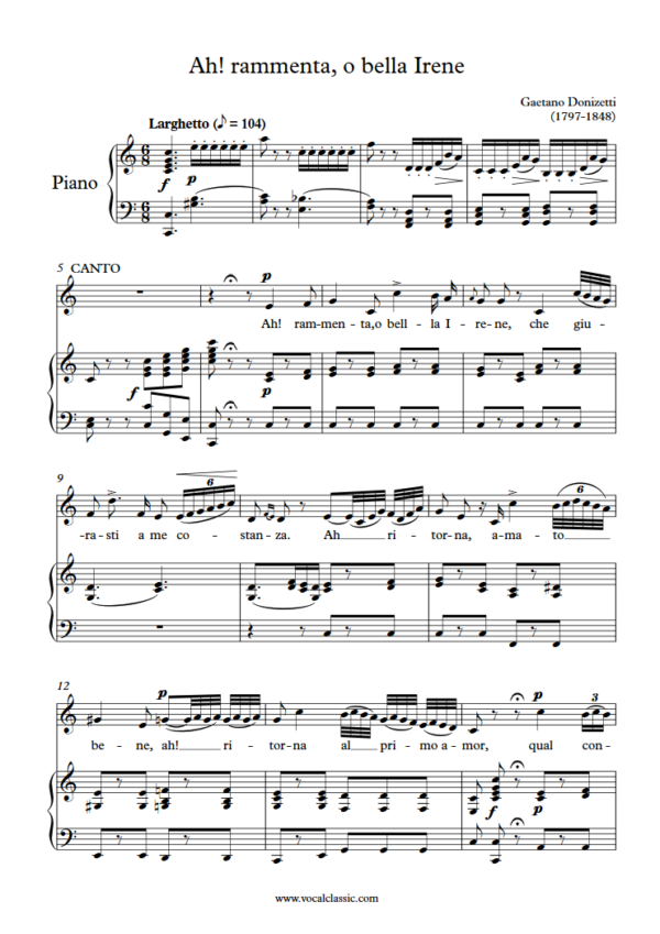 G. Donizetti : Ah! rammenta, o bella Irene (C Key) PDF 2023 한예종 여자 입시곡 Sheet music