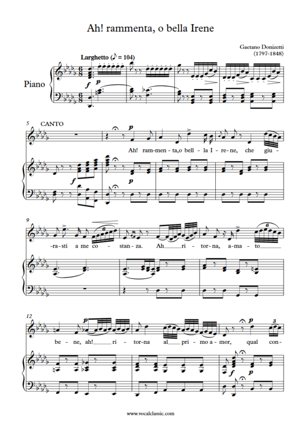 G. Donizetti : Ah! rammenta, o bella Irene (Db Key) PDF 2023 한예종 여자 입시곡 Sheet music