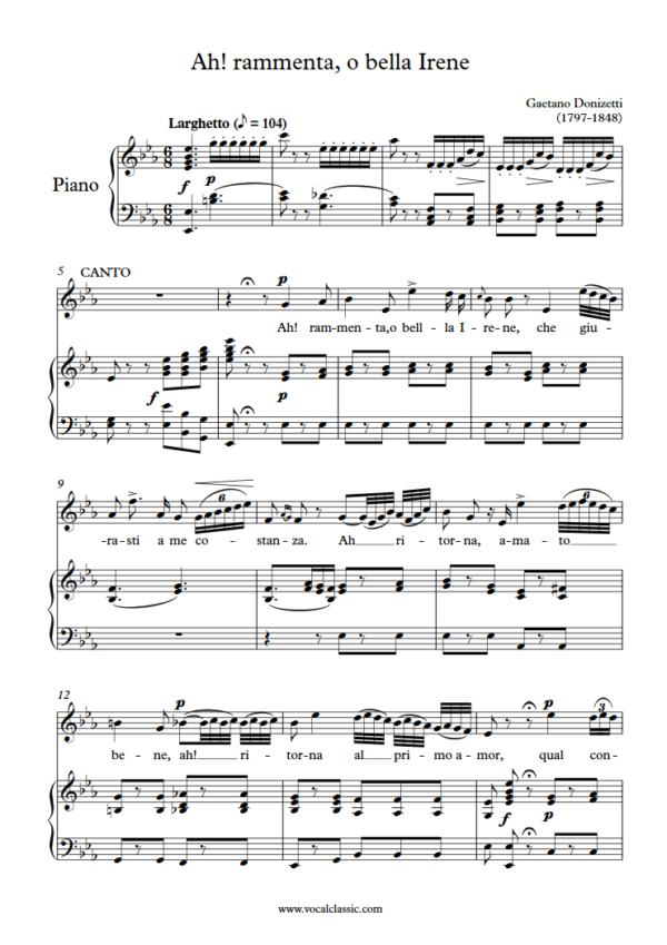 G. Donizetti : Ah! rammenta, o bella Irene (Eb Key, Original) PDF 2023 한예종 여자 입시곡 Sheet music