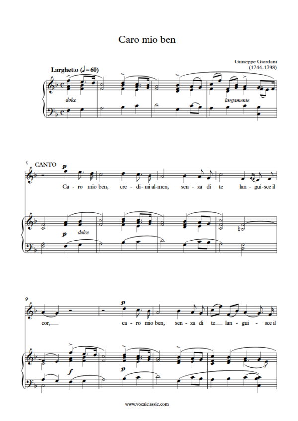 G. Giordani : Caro mio ben (F Key) PDF Sheet music