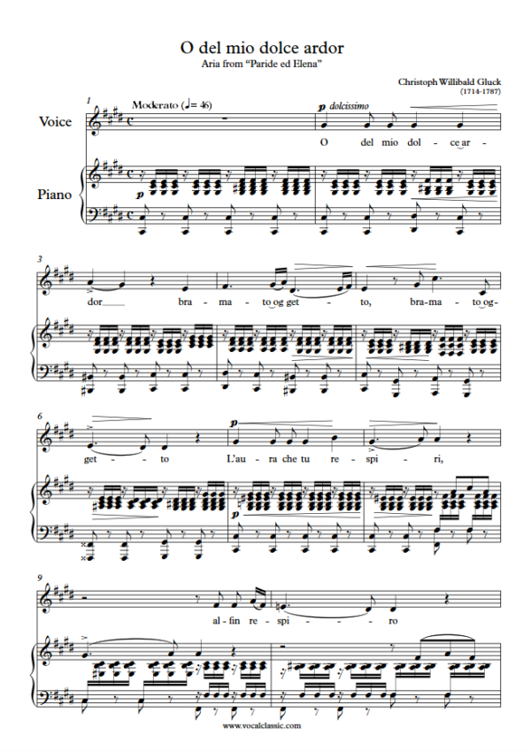 C. Gluck : O del mio dolce ardor (C sharp minor Key) PDF Sheet music