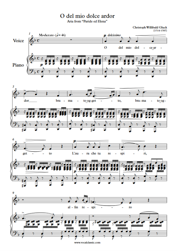 C. Gluck : O del mio dolce ardor (D minor Key) PDF Sheet music