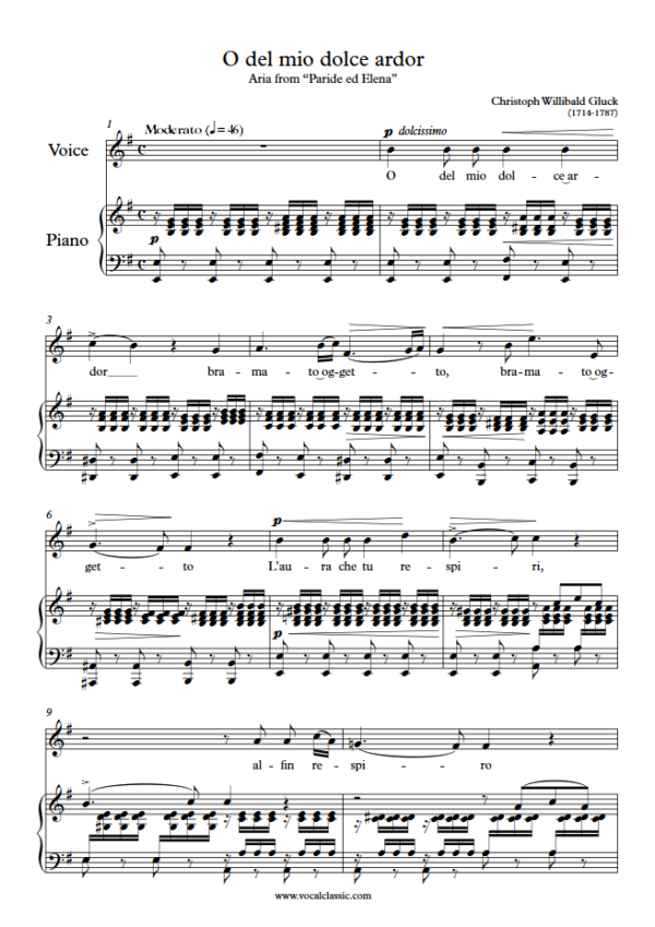 C. Gluck : O del mio dolce ardor (E minor Key, Orig) PDF Sheet music