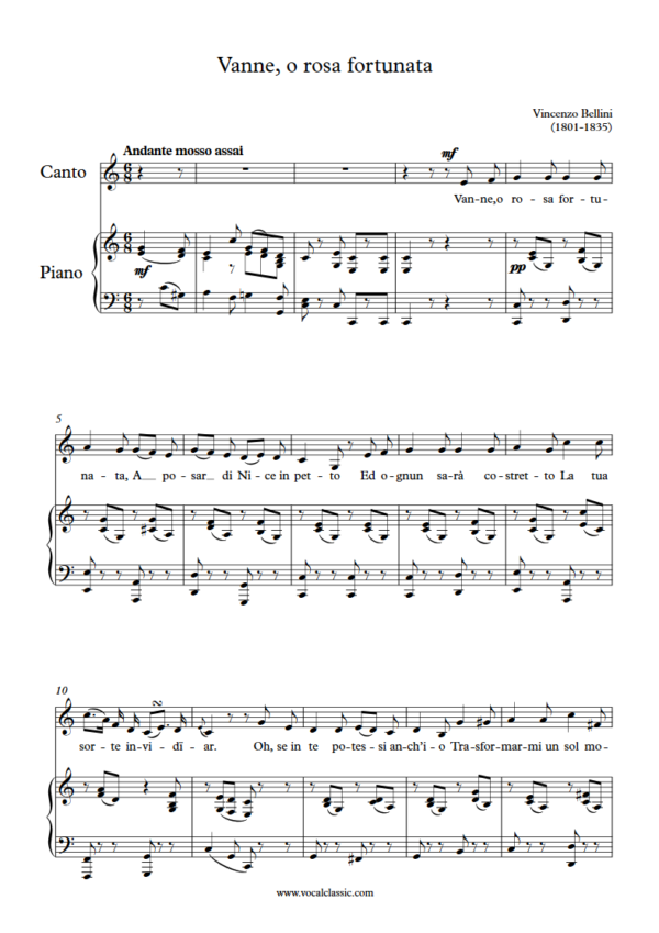 V. Bellini : Vanne, o rosa fortunata (C Key) PDF 2023 한예종 남자 입시곡 Sheet music