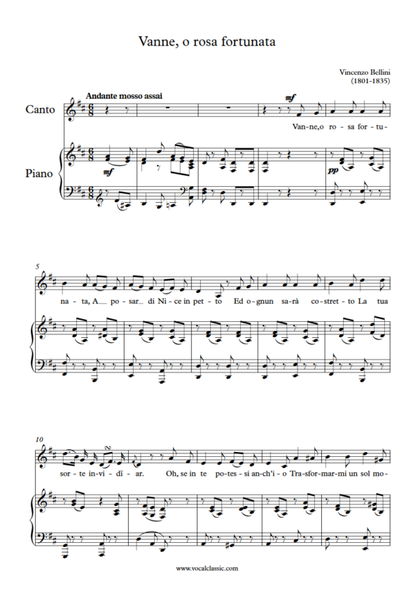 V. Bellini : Vanne, o rosa fortunata (D Key) PDF 2023 한예종 남자 입시곡 Sheet music