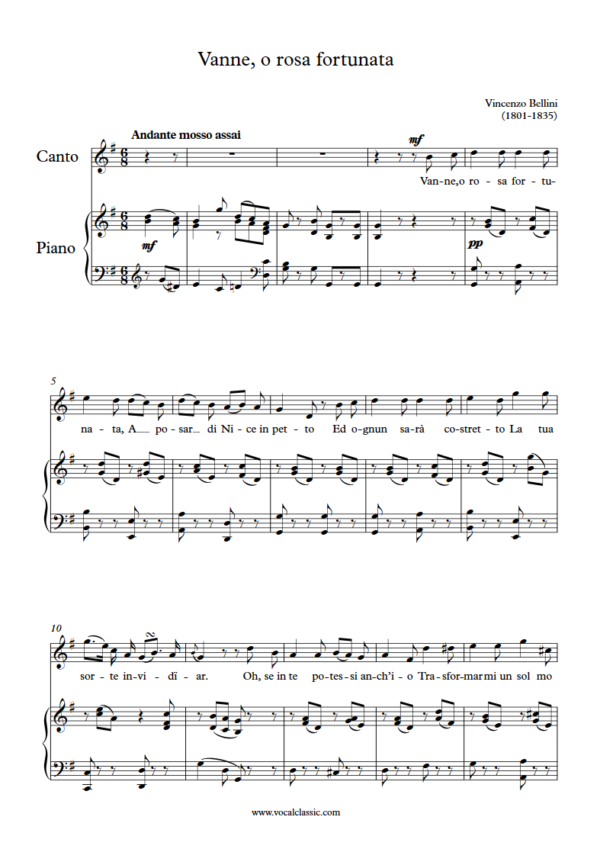 V. Bellini : Vanne, o rosa fortunata (G Key, Original) PDF 2023 한예종 남자 입시곡 Sheet music