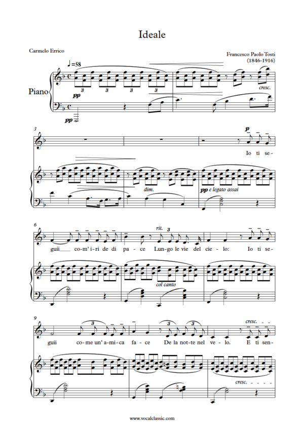 F. P. Tosti : Ideale (F Key) for low voice PDF – 4 pages Sheet music