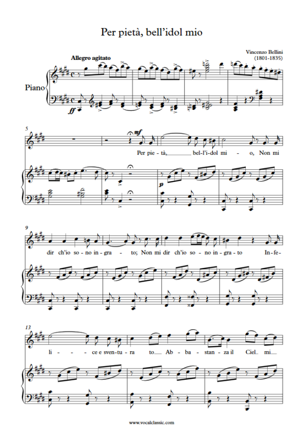 V. Bellini : Per pietà, bell’idol mio (C sharp minor Key) PDF Sheet music