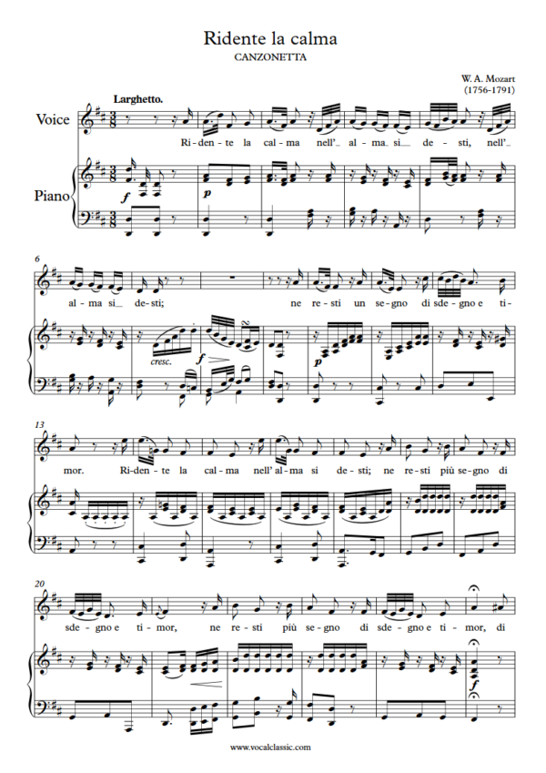 W. A. Mozart : Ridente la calma (D Key) PDF Sheet music