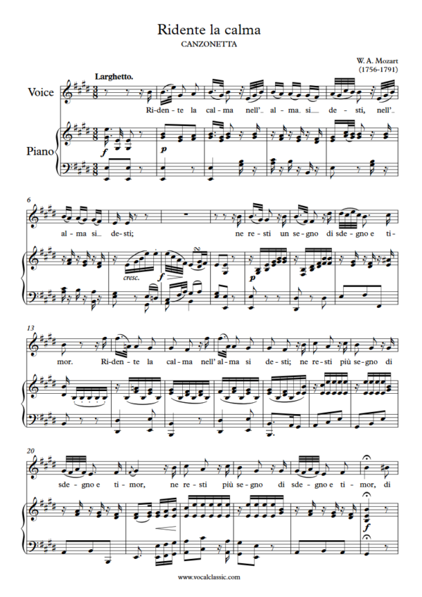 W. A. Mozart : Ridente la calma (E Key) PDF Sheet music