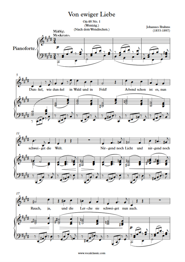 J. Brahms : Von ewiger Liebe (C#m Key) PDF Sheet music