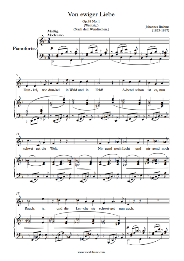 J. Brahms : Von ewiger Liebe (Dm Key) PDF Sheet music