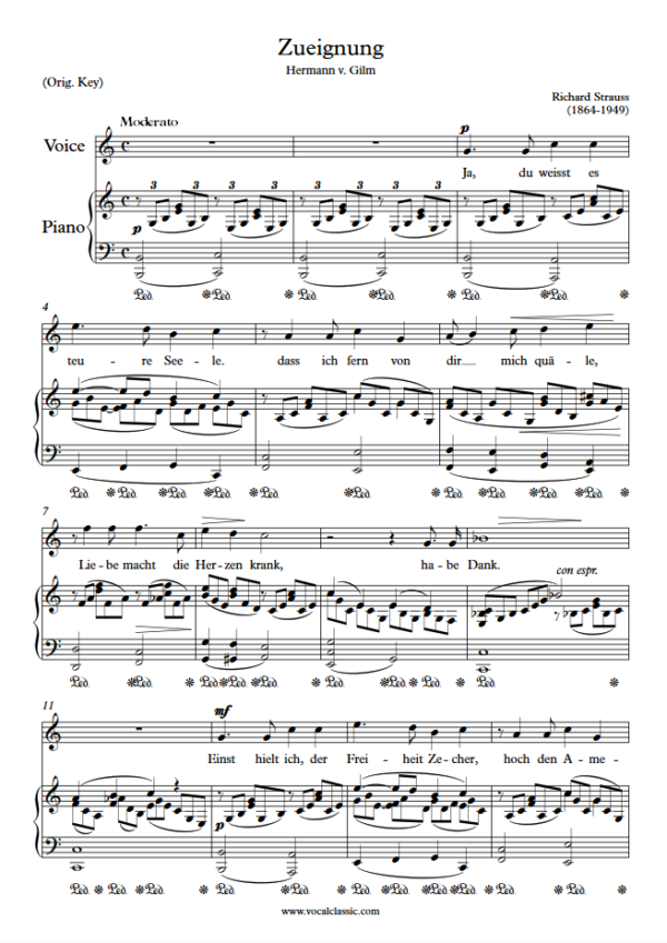 R. Strauss : Zueignung (C Key, Original) PDF Sheet music