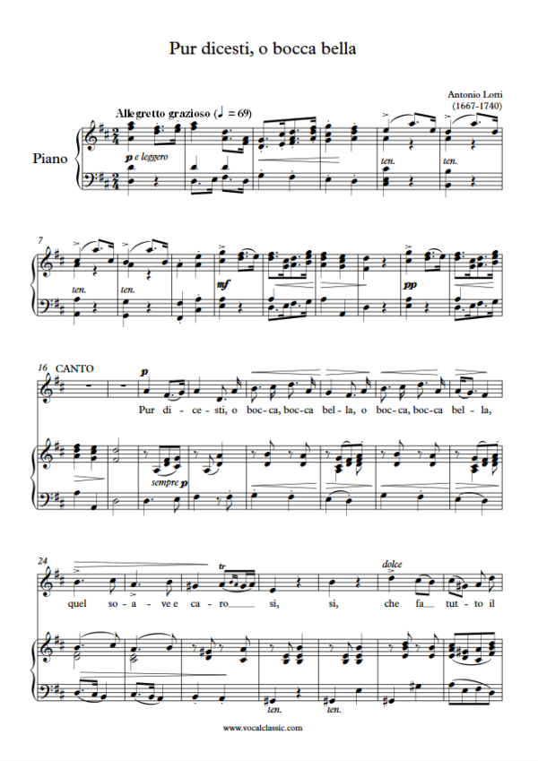 A. Lotti : Pur dicesti, o bocca bella (D Key, Original) PDF Sheet music