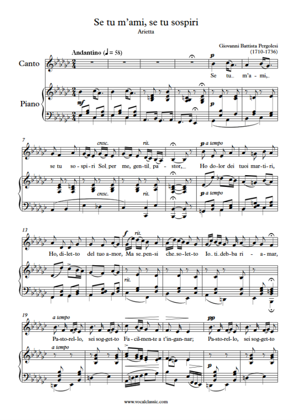 G. B. Pergolesi : Se tu m’ami, se tu sospiri (Eb minor Key) PDF Sheet music