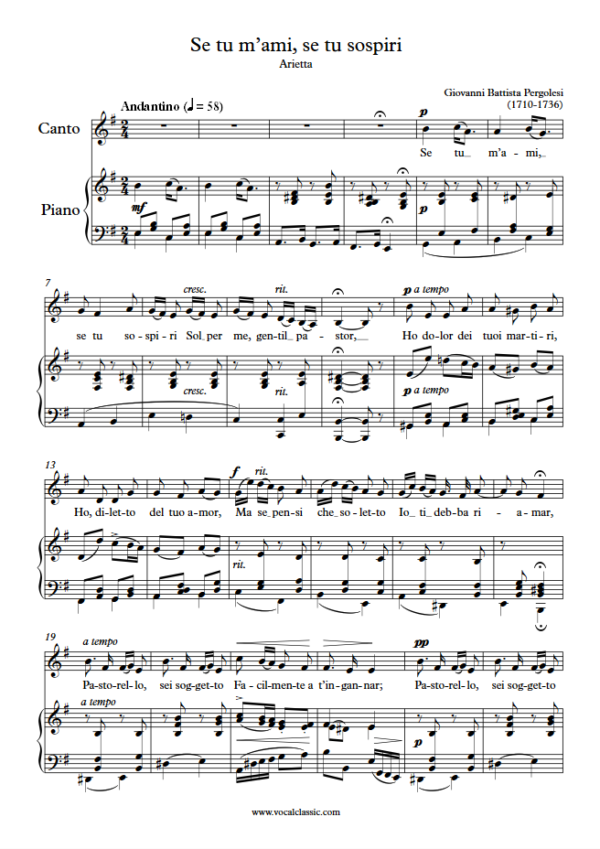 G. B. Pergolesi : Se tu m’ami, se tu sospiri (E minor Key) PDF Sheet music