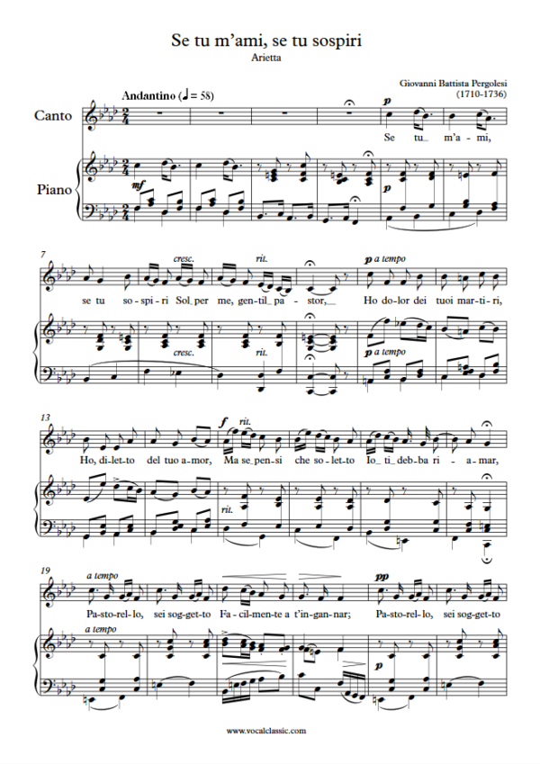 G. B. Pergolesi : Se tu m’ami, se tu sospiri (F minor Key, Original) PDF Sheet music