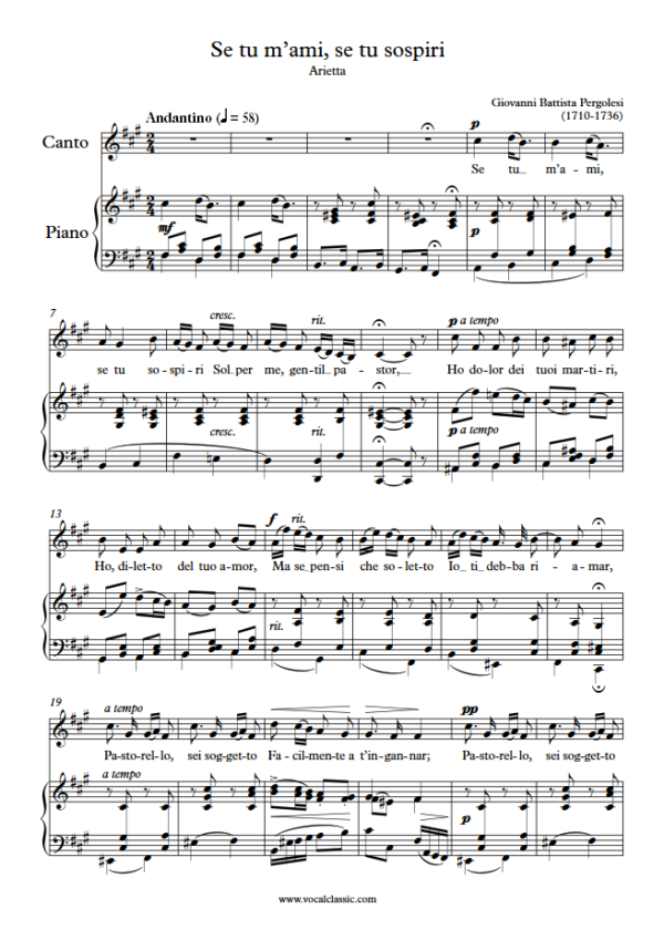 G. B. Pergolesi : Se tu m’ami, se tu sospiri (F sharp minor Key) PDF Sheet music