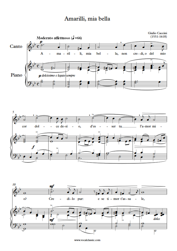 G. Caccini : Amarilli, mia bella (G minor Key, Original) PDF Sheet music