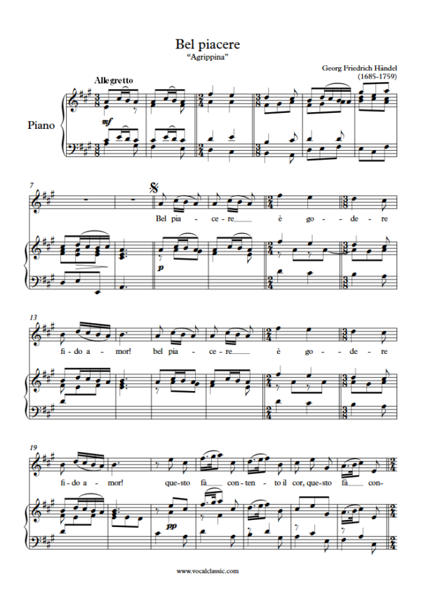 G. F. Handel : Bel piacere (A Key) PDF Sheet music