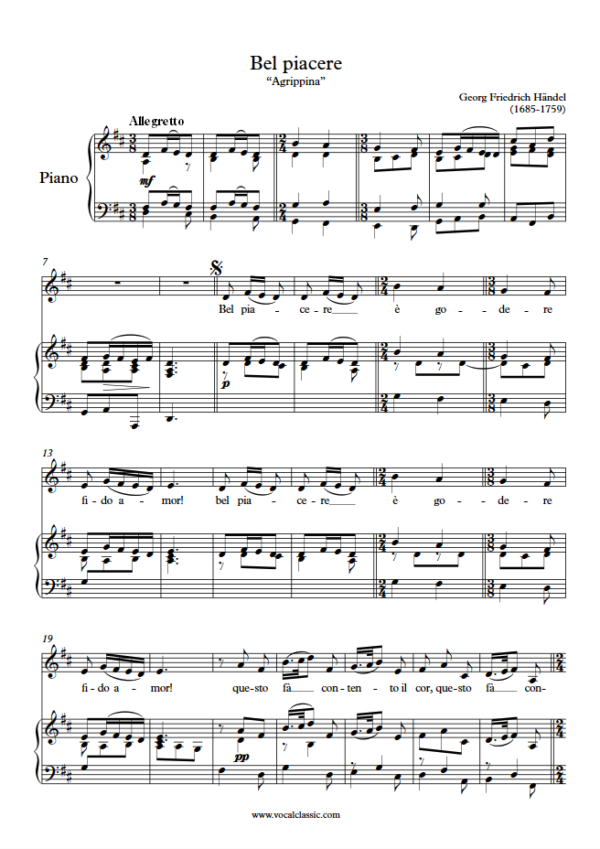 G. F. Handel : Bel piacere (D Key) PDF Sheet music