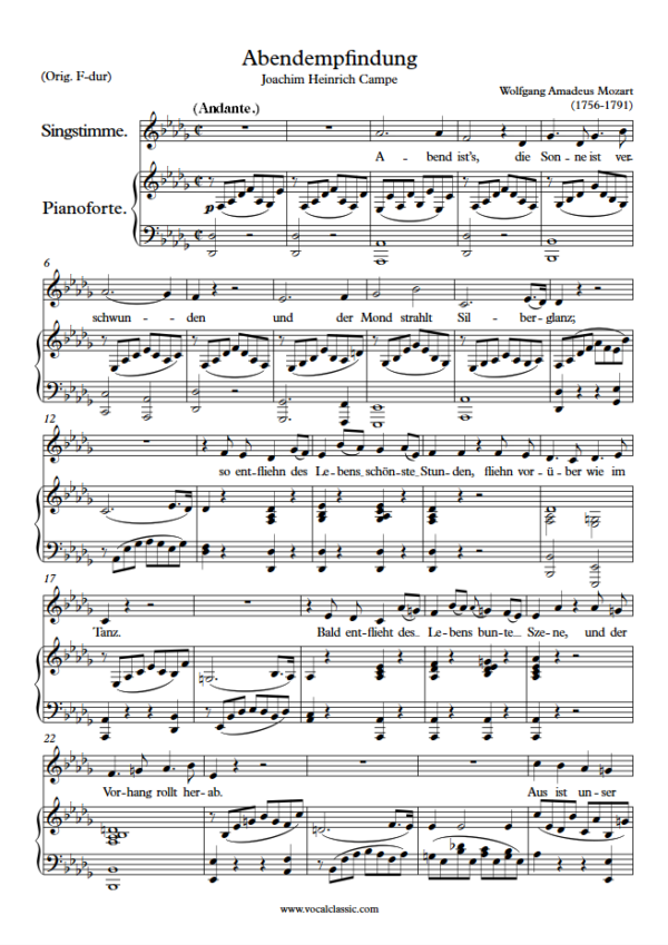 W. A. Mozart : Abendempfindung (Db Key) PDF Sheet music