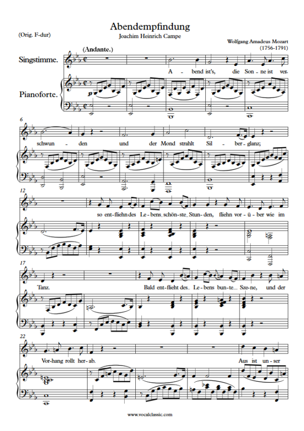 W. A. Mozart : Abendempfindung (Eb Key) PDF Sheet music