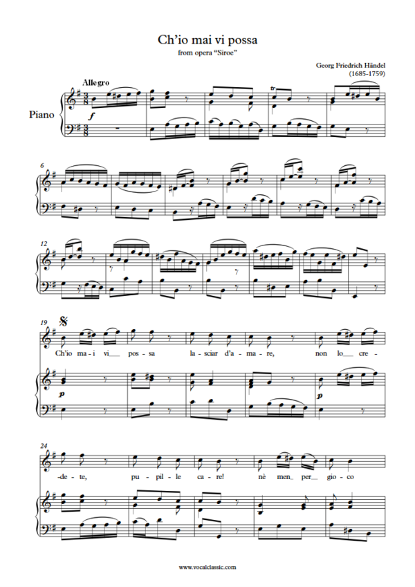 G. F. Handel : Ch’io mai vi possa (E minor Key, Original) PDF Sheet music