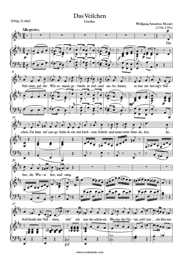 W. A. Mozart : Das Veilchen (D Key) PDF Sheet music