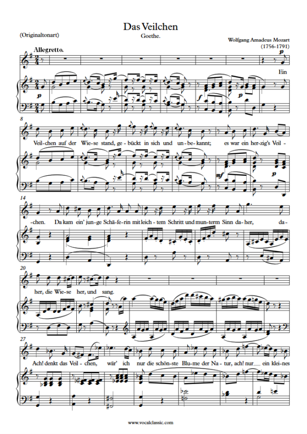 W. A. Mozart : Das Veilchen (G Key, Original) PDF Sheet music