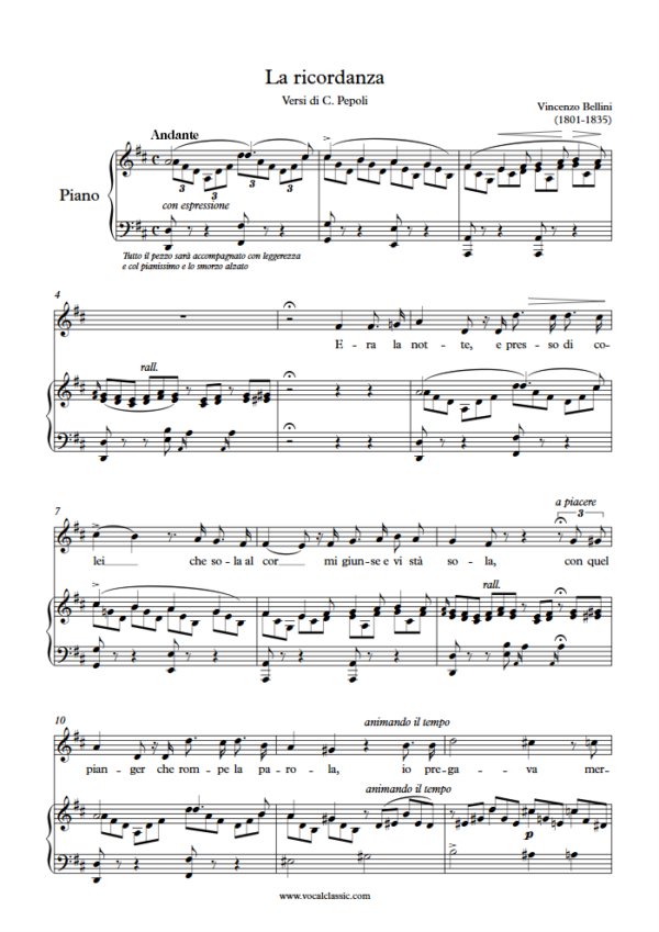 V. Bellini : La ricordanza (D Key) PDF Sheet music