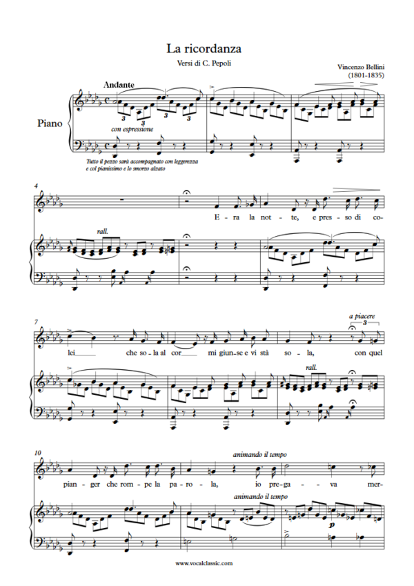 V. Bellini : La ricordanza (Db Key) PDF Sheet music