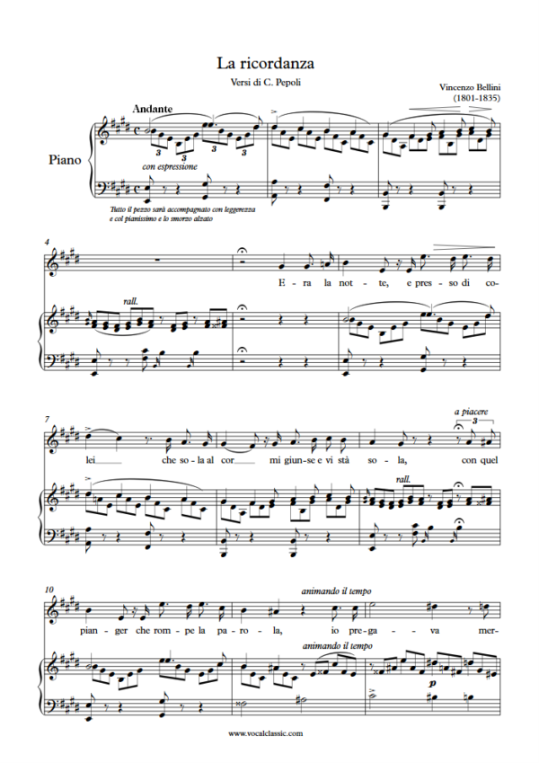 V. Bellini : La ricordanza (E Key) PDF Sheet music