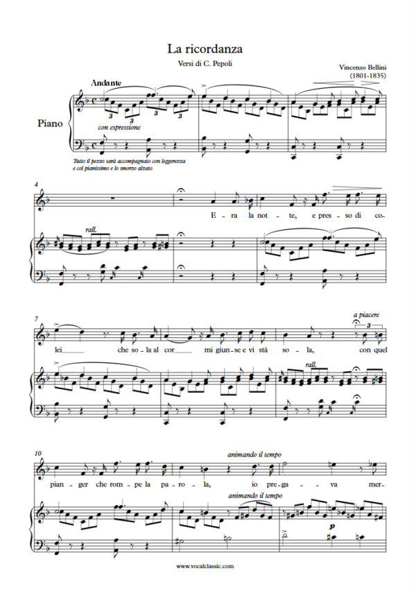 V. Bellini : La ricordanza (F Key, Original) PDF Sheet music