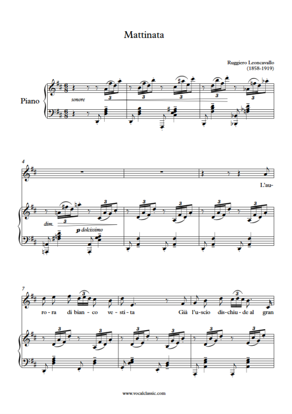 R. Leoncavallo : Mattinata(D Key, Original) PDF Sheet music