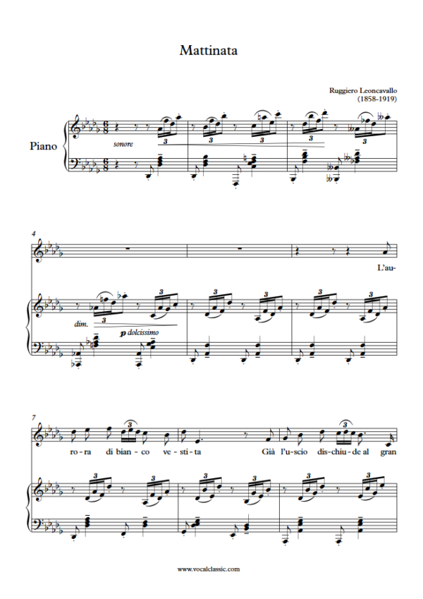 R. Leoncavallo : Mattinata(Db Key) PDF Sheet music