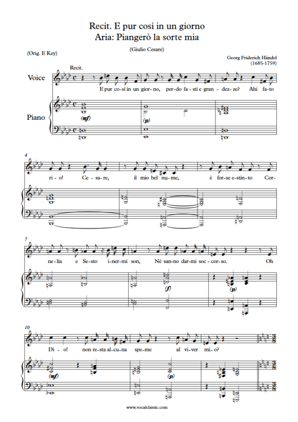 G. F. Handel : Piangerò la sorte mia (C Key) PDF Sheet music