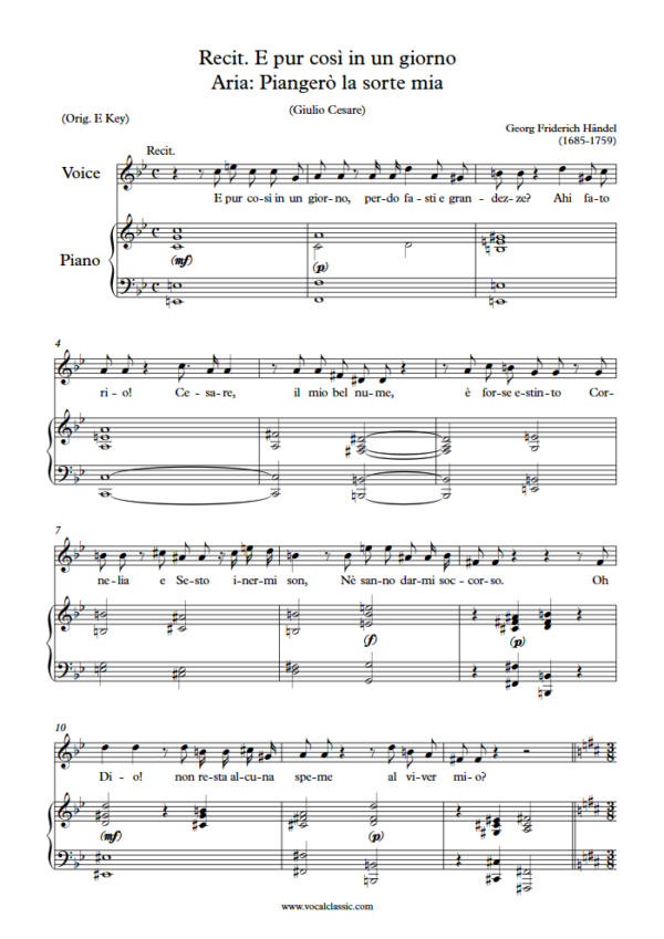 G. F. Handel : Piangerò la sorte mia (D Key) PDF Sheet music