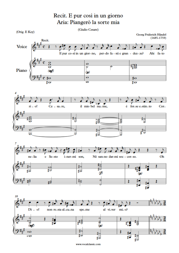 G. F. Handel : Piangerò la sorte mia (Db Key) PDF Sheet music