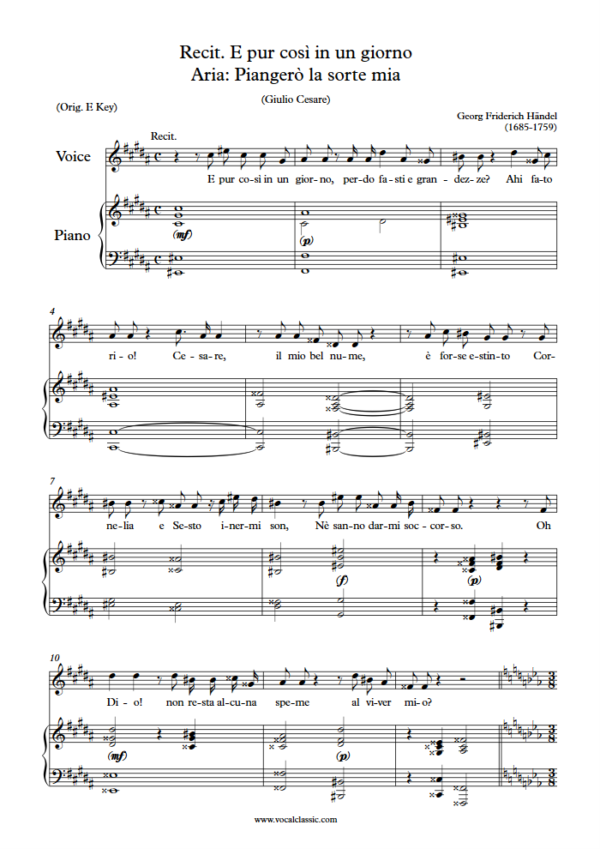 G. F. Handel : Piangerò la sorte mia (Eb Key) PDF Sheet music