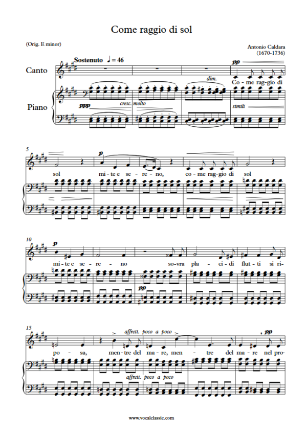 A. Caldara : Come raggio di sol (C sharp minor Key) PDF Sheet music