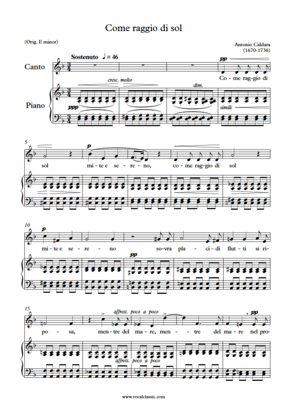 A. Caldara : Come raggio di sol (D minor Key) PDF Sheet music