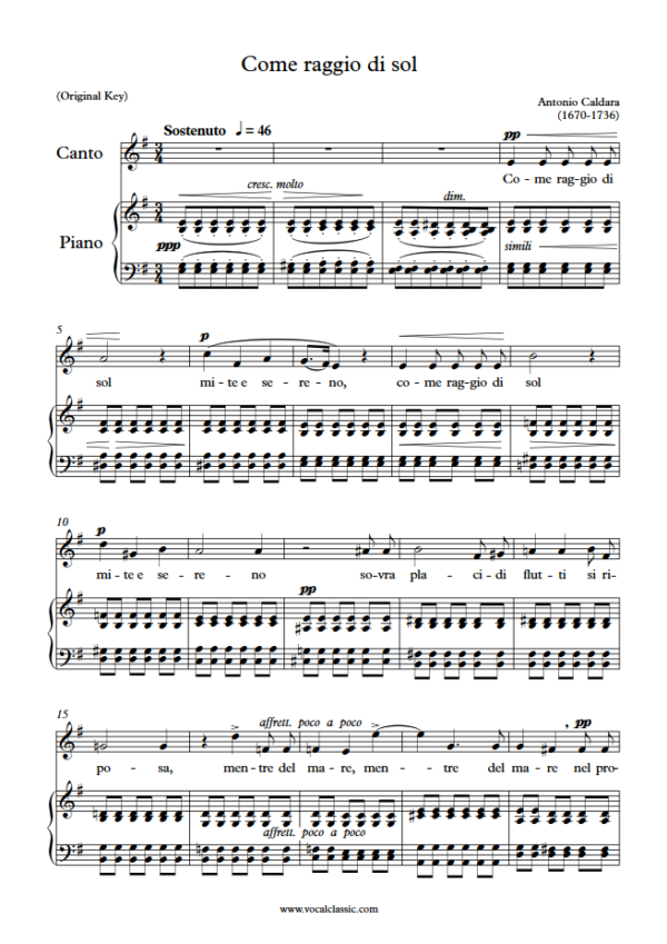 A. Caldara : Come raggio di sol (E minor Key, Original) PDF Sheet music