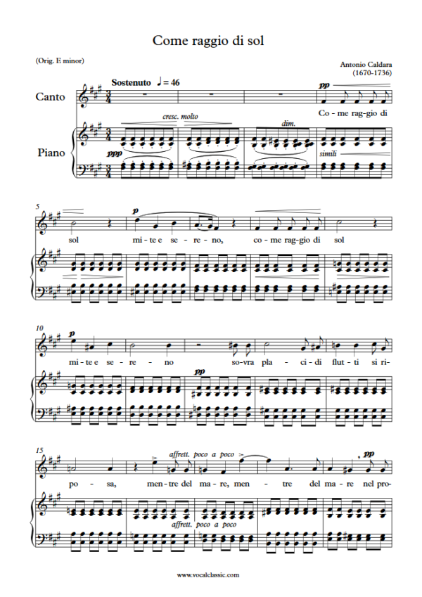 A. Caldara : Come raggio di sol (F sharp minor Key) PDF Sheet music