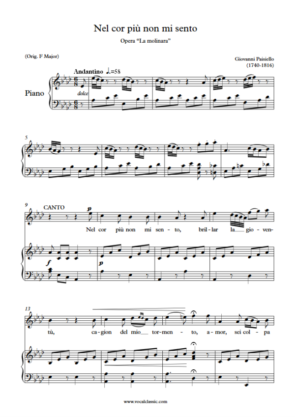 G. Paisiello : Nel cor più non mi sento (Ab Key) PDF Sheet music