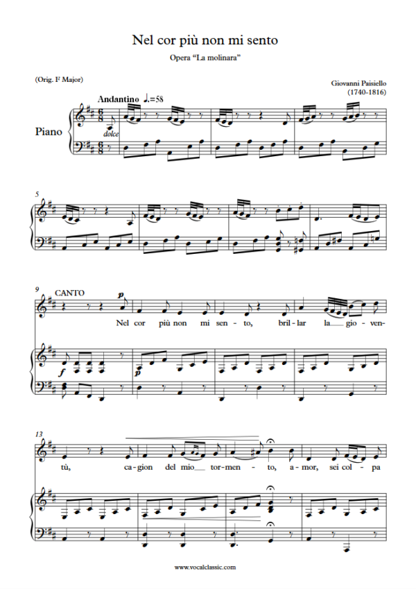 G. Paisiello : Nel cor più non mi sento (D Key) PDF Sheet music