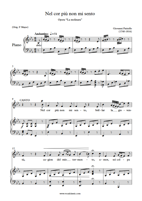 G. Paisiello : Nel cor più non mi sento (Eb Key) PDF Sheet music