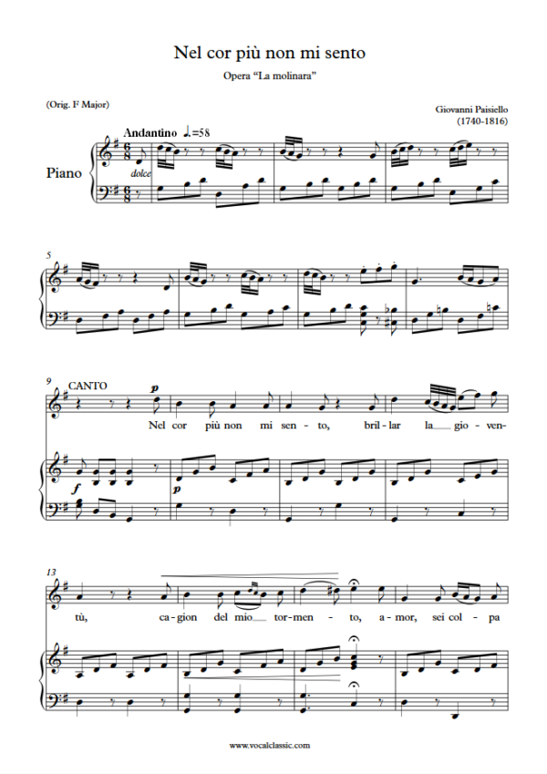 G. Paisiello : Nel cor più non mi sento (G Key) PDF Sheet music