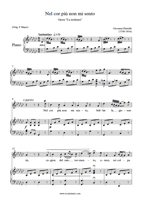 G. Paisiello : Nel cor più non mi sento (Gb Key) PDF Sheet music